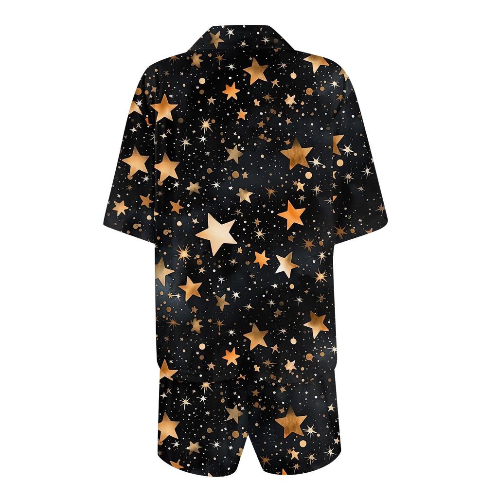 Women's Silk Pajamas Button Home Clothes Star Print Short Sleeve Satin Pajama Set 2 Piece Set