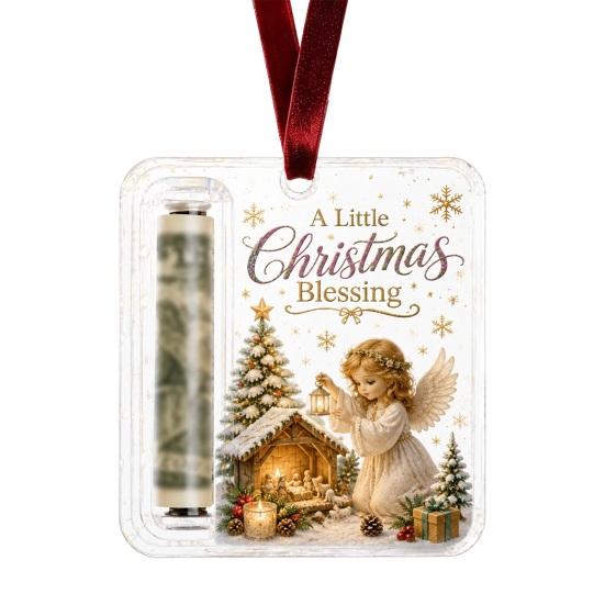 Money Gift Decor Christmas Cash Holder Ornament, Acrylic Angel Santa Cat Transparent for Xmas Tree, Holiday Party Hanging Decoration with Lanyard Easy