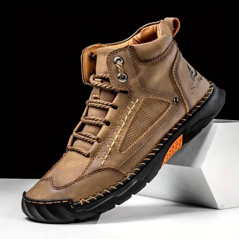Shoes for Men Large Size Leather Boots Fashion Men's Ankle Boots Handmade Stitching New Flat Mens Casual Shoes Botas Para Hombre