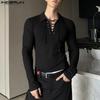 Men Bandage Neck Long Sleeve Skinny Tops Undershirts