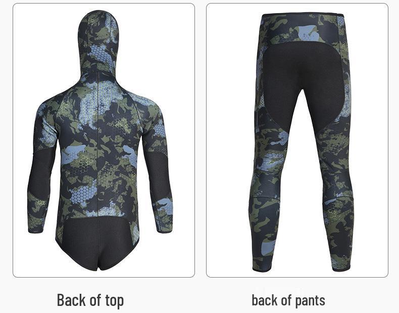 Men's 5mm Camo Hooded Diving Suit - Thick, Warm Split Wetsuit for Fishing and Winter Surfing