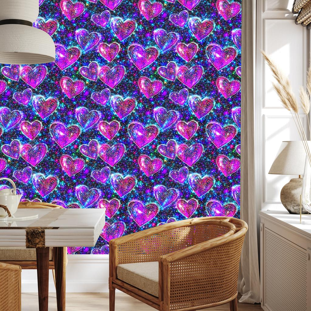 Neon Glitter Hearts Wallpaper Violet, Blue, Navy Blue and Purple 50x1000