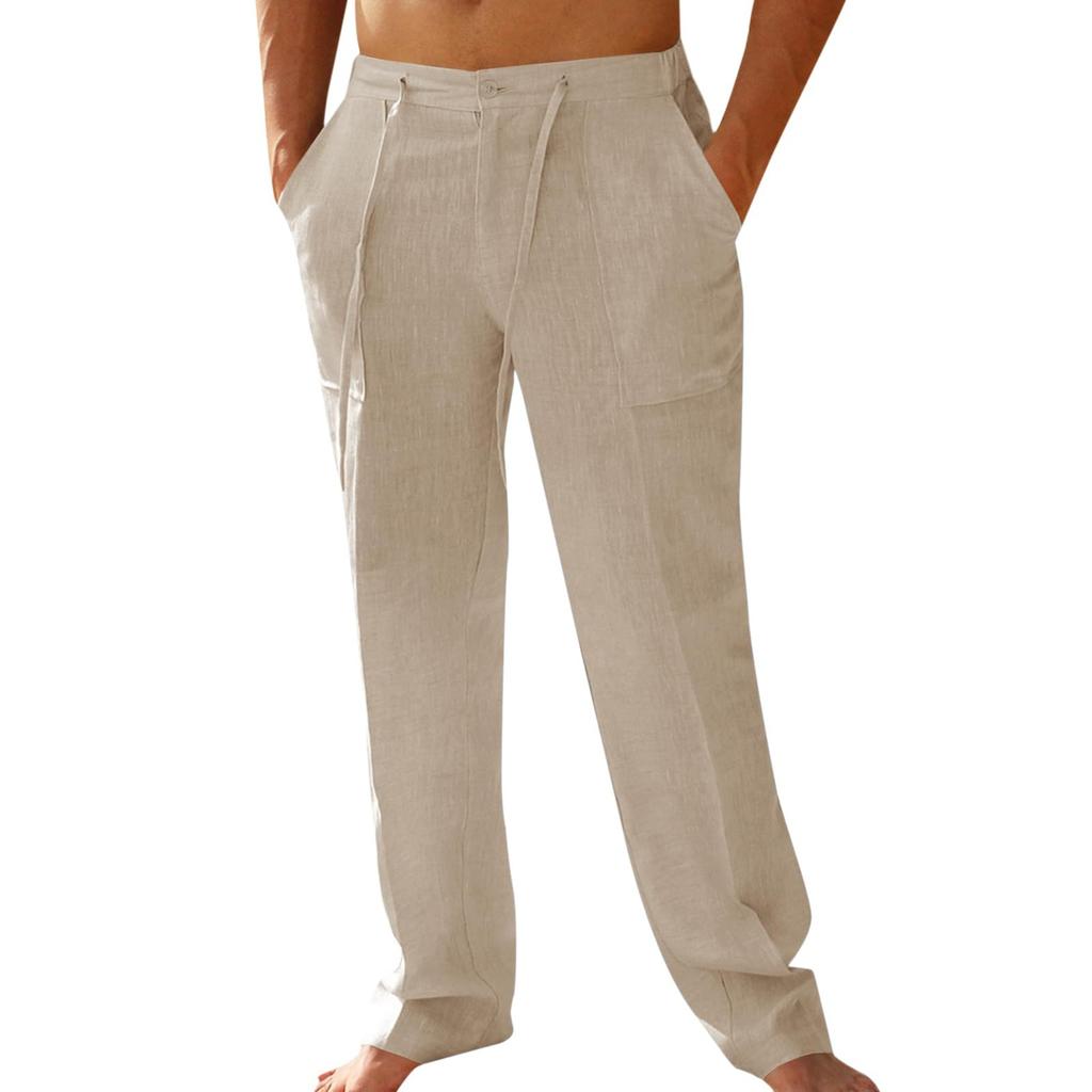 Мужские повседневные льняные брюки с заплатками и завязками, прямые, летние, пляжные, для йоги