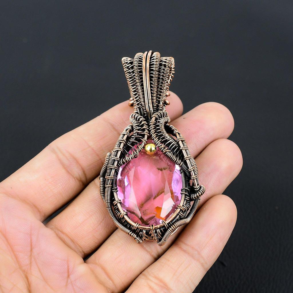 Unique Pink Kunzite Gemstone Handmade Pure Copper Wire Wrapped Pendant Jewelry