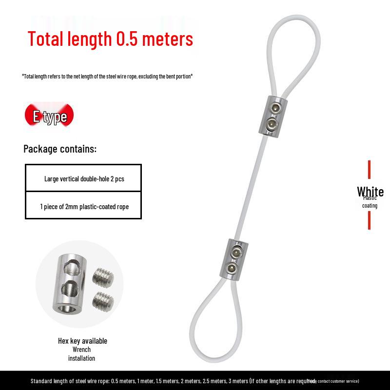 Plastic-coated steel wire rope with aluminum sleeve and stainless steel buckle for hanging and locking.