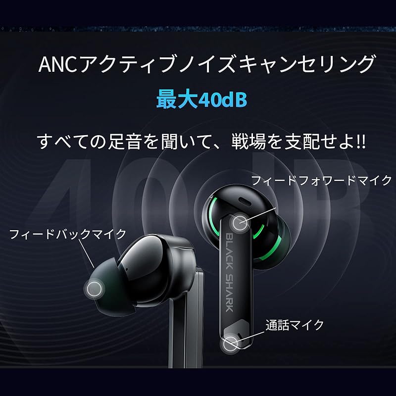 Black Shark JoyBuds Pro [Japanese authorized distributor product] Low latency ANC wireless noise canceling wireless gaming earphones Bluetooth 5.2