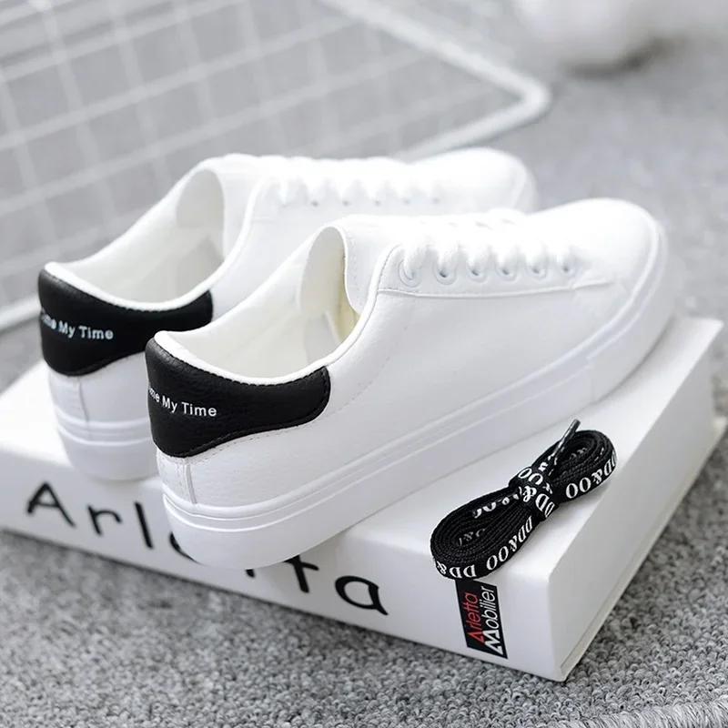 Fashion Women Sneakers Fashion Breathble Vulcanized Shoes Pu Leather Platform Shoes White Lace Up Casual Shoes Zapatos Mujer