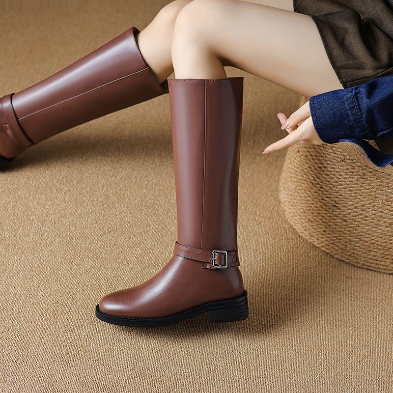Krazing Pot Cow Skin Autumn Winter Shoes Riding Boots Round Toe Keep Warm Metal Square Buckle Med Heels Thigh High Boots