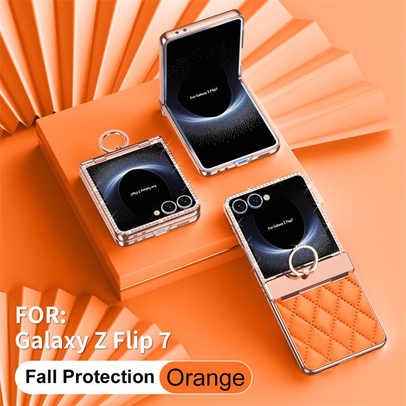 Для Samsung Galaxy Z Flip7 5G Чехол для телефона из ПУ кожи с покрытием, блестками, стразами, кольцом-держателем, защита шарнира, защитная пленка для экрана, противоударный чехол