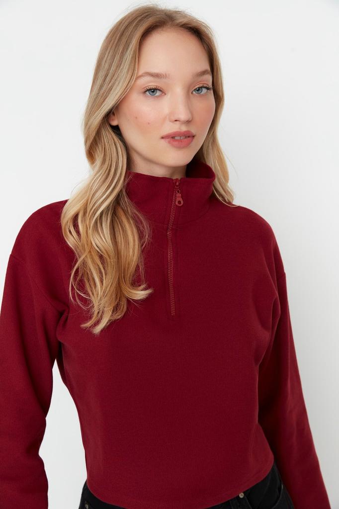 Women's Fashionable Stylish Sweatshirt Black Thessaloniki Knitwear Look Zipper Collar Regular Normal Fit Knitted Sweatshirt