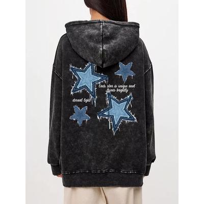 Женское худи оверсайз с эффектом стирки, имитация денима, принт в виде звезд, пуловер, удобное теплое хлопковое худи, повседневная одежда