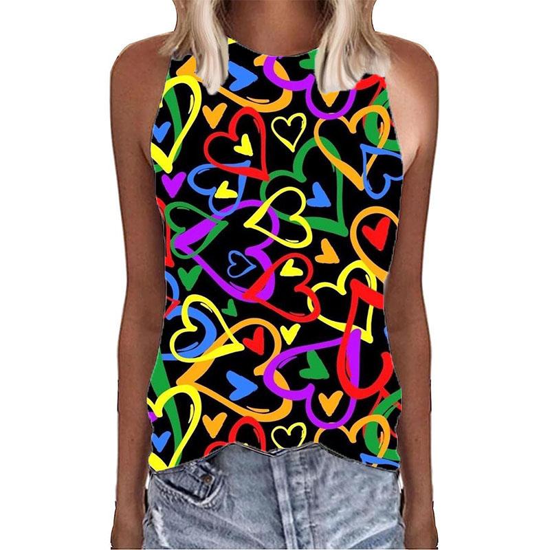 Graffiti Colorful Love Hearts 3D Print Tank Tops Summer Women O-Neck Vest Off Shoulder Y2k Sleeveless Camisole Woman Clothing