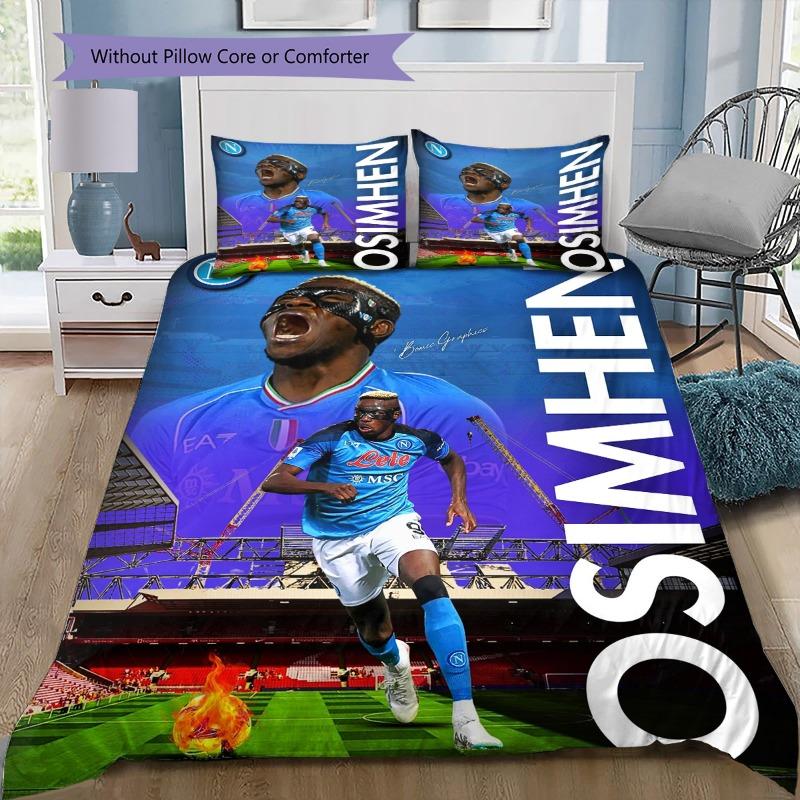 SSC Napoli Champion Squad Bedding Set, Blue Team Photo Duvet Cover Set, 3 Piece Football Bed Linen for Sports Fan Bedroom Decor