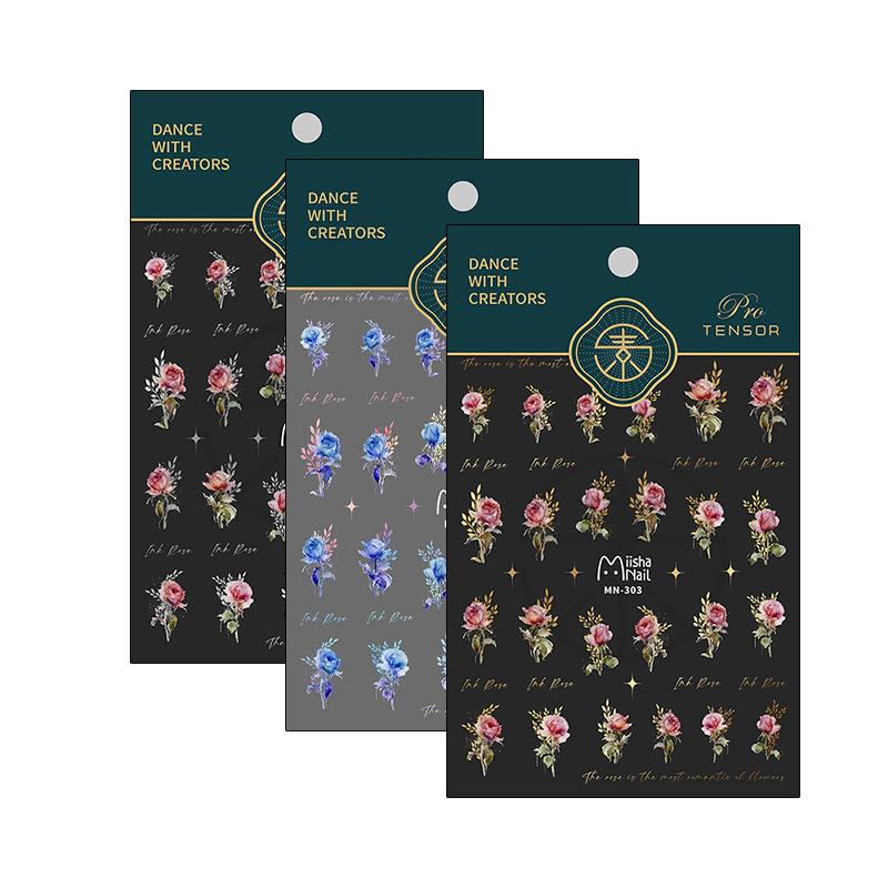 Золото, серебро, розовый, синий, розовые цветы, 3D самоклеящиеся украшения для ногтей, наклейки, модные наклейки для маникюра «сделай сам»,
