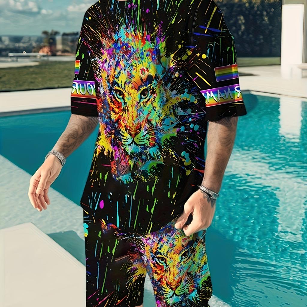 2Pcs Trendy Outfits For Men, Casual Crew Neck Short Sleeve T-shirt And Shorts Set For Summer, Men's Clothing Vacation Workout