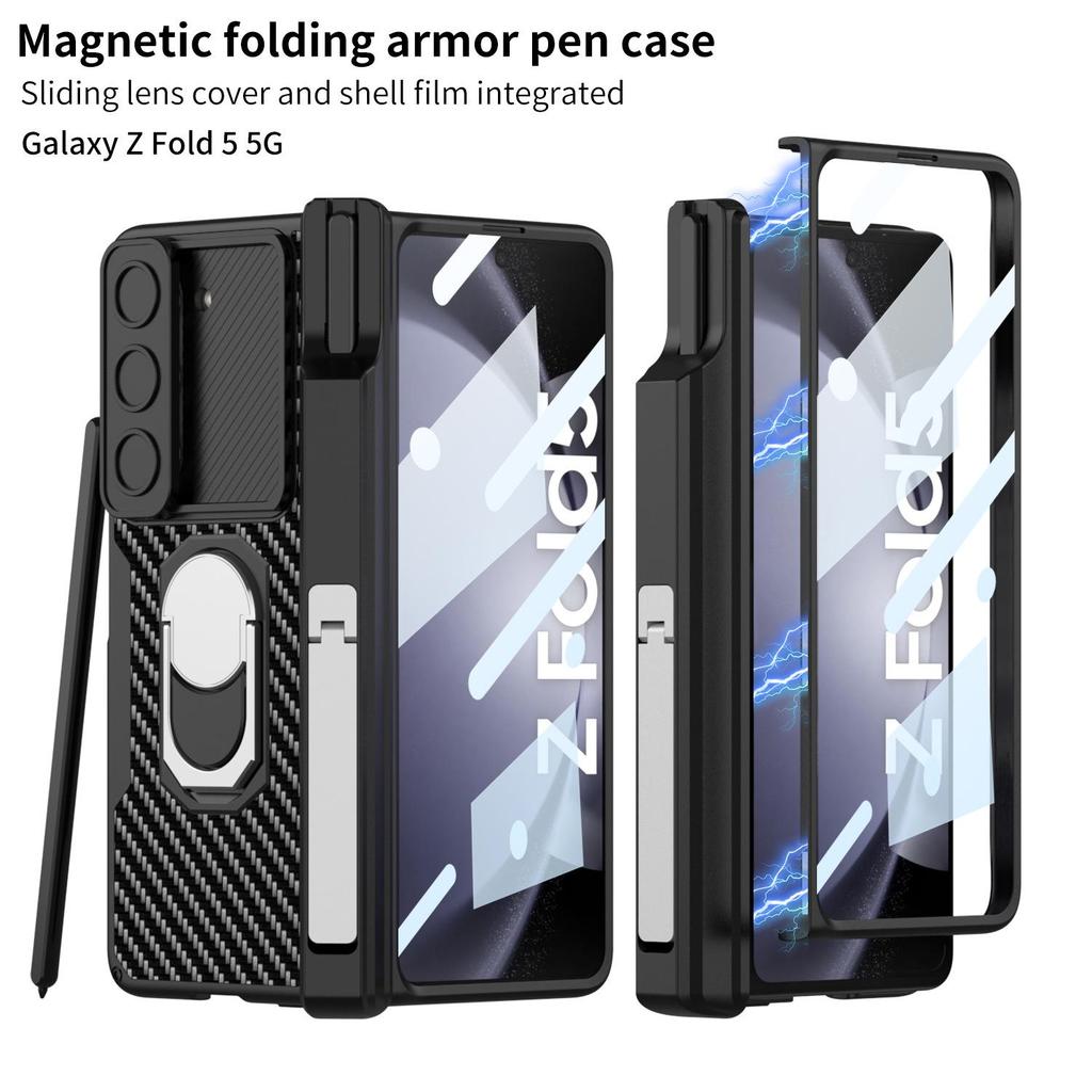 Магнитный кожаный бронированный чехол для Samsung Z Fold 5 с окошком для камеры и держателем для стилуса