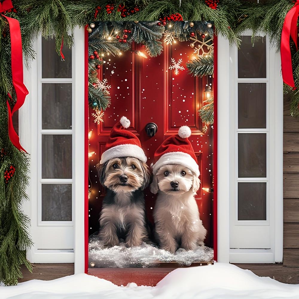 2D flat, 2D door banner, 2D flat durable Christmas door banner, puppy and Santa Claus hat design