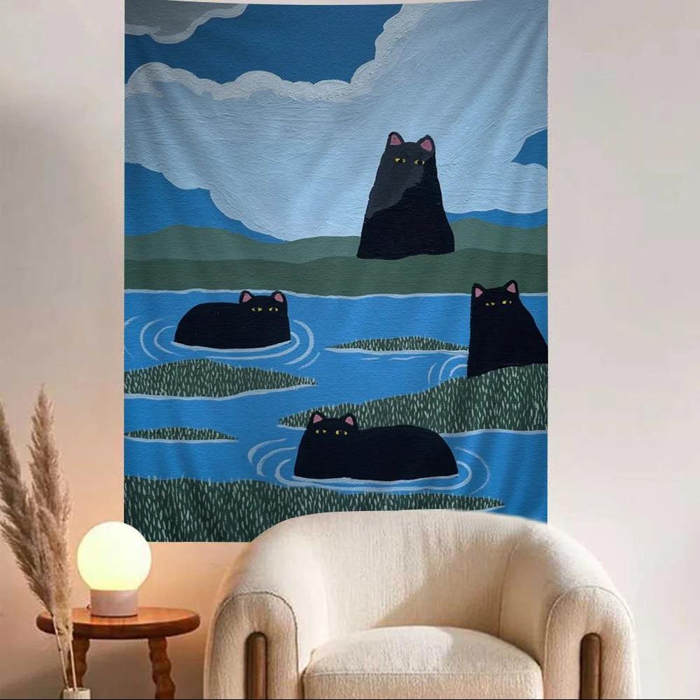 VIKAMA Double Cat Tapestry with Green Field And Flower Motifs Cute Pet Theme Wall Decor for Bedroom And Living Room