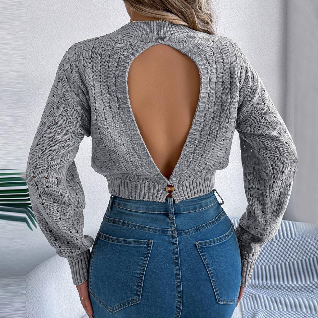 Женская мода повседневный свободный круглый вырез сексуальный спинка пуговицы полый однотонный длинный рукав свитер пуловер топ