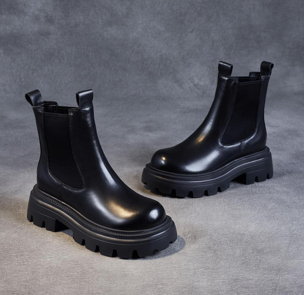 Ботинки женские [ZUYEE] челси короткой высоты из натуральной толстой кожи на резинке по бокам, кожаные, подошва, ботинки, ботинки, улучшение, ноги, черные, 24.5см