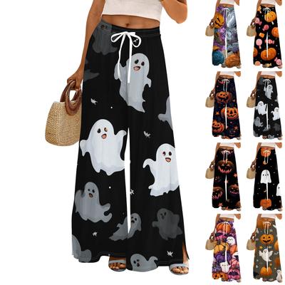 Женские повседневные модные брюки прямого кроя с широкими штанинами, эластичной талией на кулиске, карманами и принтом на Хэллоуин