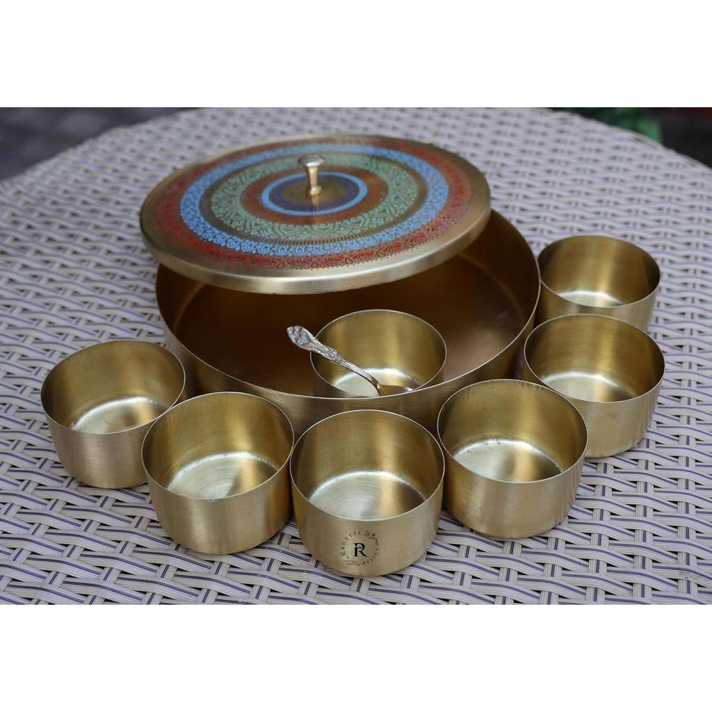 Pure Brass Spice Box | 8 INCH Round | BIDRI Work | Box Includes 7 Containers and 1 Spoon