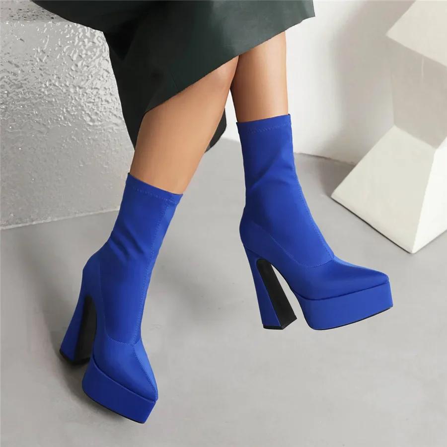 Женские ботильоны на платформе, на высоком толстом каблуке, с острым носком, розово-красные, фиолетовые, из эластичного атласа, для вечеринки, клуба, женские осенние короткие ботинки-слипоны