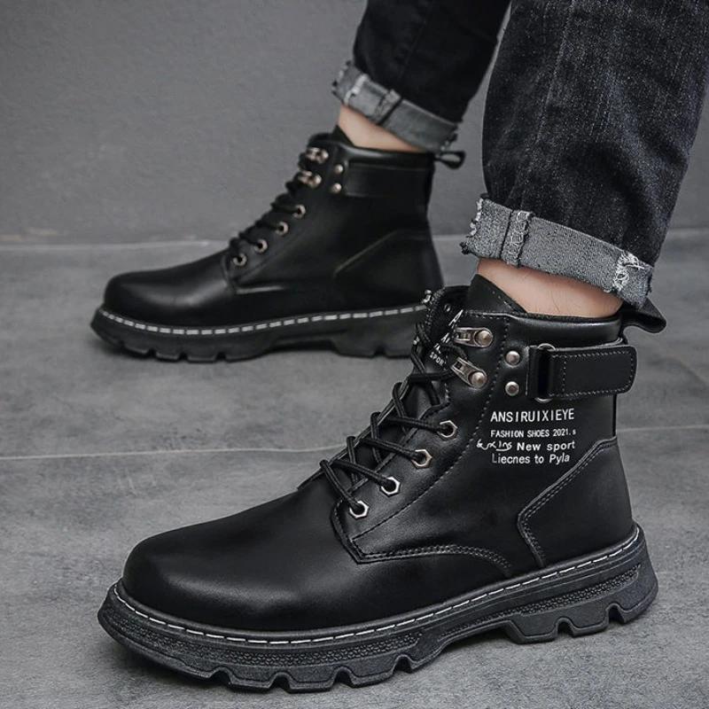 Высокие мужские роскошные ботинки, удобные водонепроницаемые рабочие ботинки на шнуровке для мужчин 2024 года, модные нескользящие износостойкие мужские повседневные ботинки