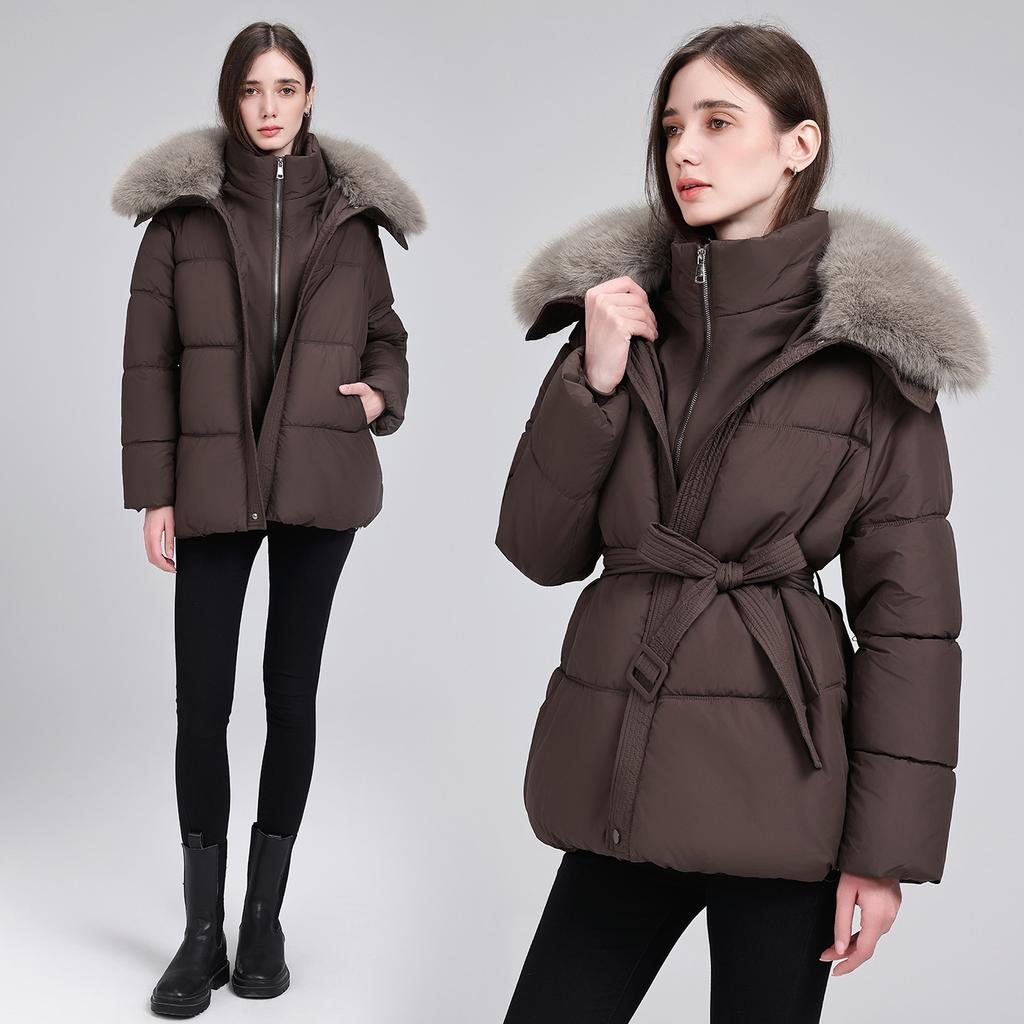 Medium and long warm and thin waist thickened cotton-padded jacket women's winter cotton-padded jacket trendy big fur collar style