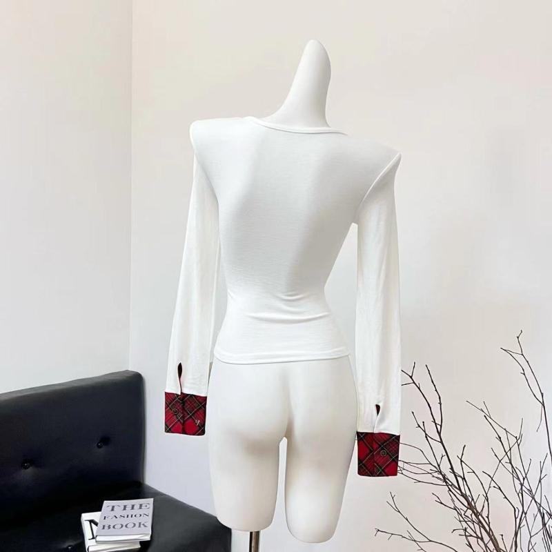 Корейские дизайнерские клетчатые футболки женские осенне-зимние лоскутные футболки с длинным рукавом винтажные топы с круглым вырезом в стиле 2000-х годов