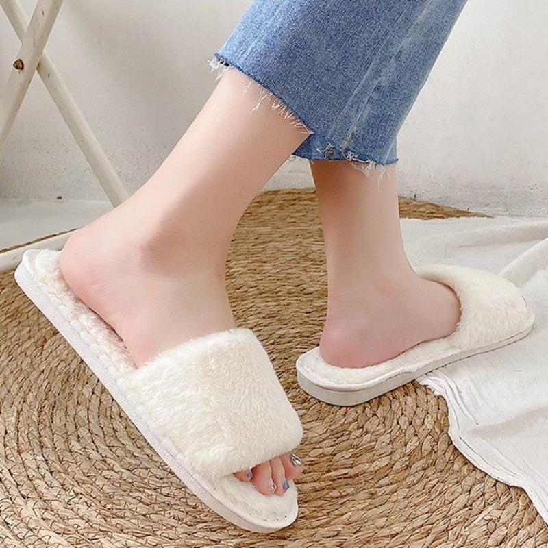 Female Home Cotton Slippers Women Autumn Winter Hairy Warm Footwear Solid Colors Fashion Sandals Woman Casual Flat Shoes