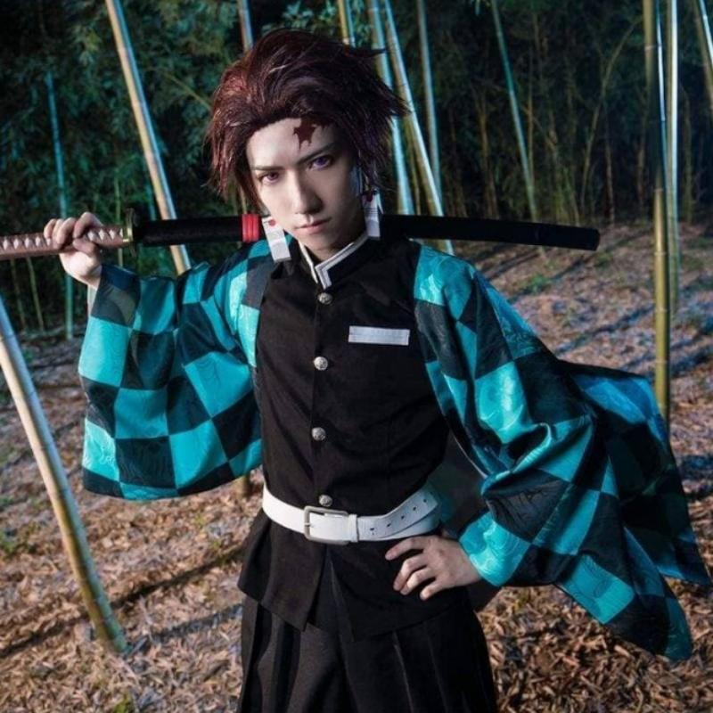Аниме Demon Slayer Kamado Tanjirou Косплей Костюм Kimetsu No Yaiba Мультфильм Костюм Sutis Парики Хэллоуин Для Детей Взрослых CosParty