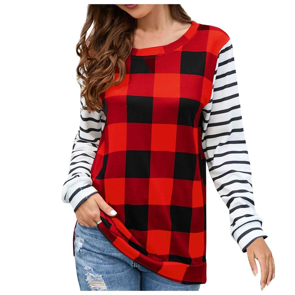 Женская модная повседневная клетчатая плюшевая футболка с круглым вырезом и длинным рукавом