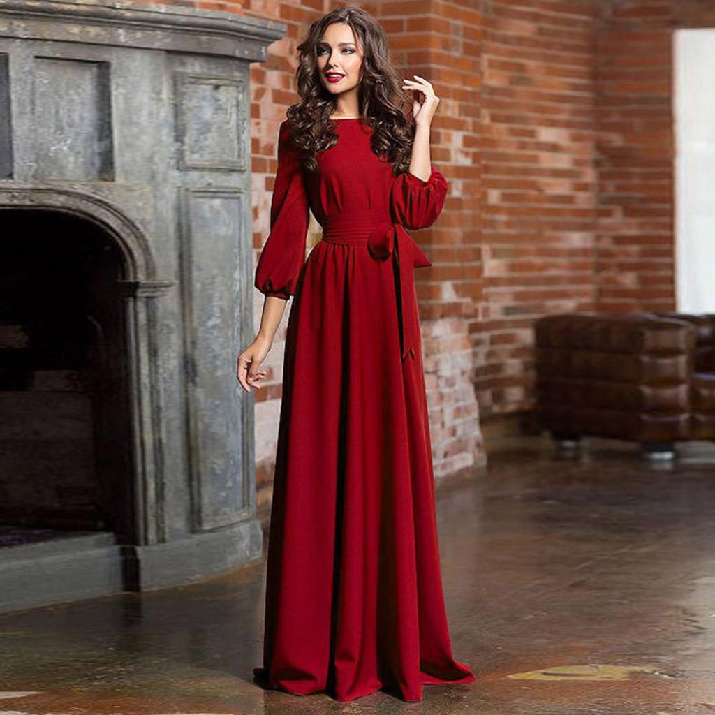 Women Summer Casual Party Dress  Sleeve Solid Long Dresses With Belt