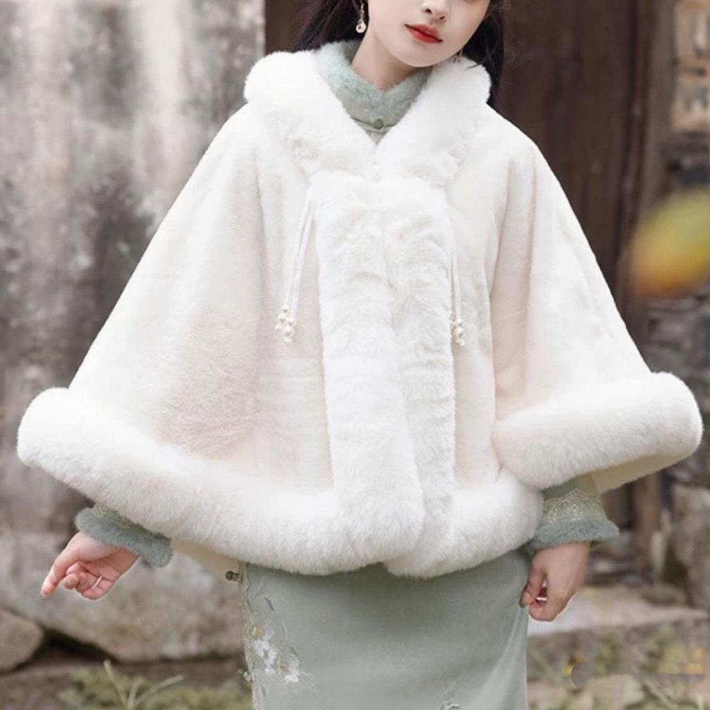 931# Женский универсальный плащ ципао: Шаль с воротником из искусственного меха выдры, на флисовой подкладке, утолщенная для тепла