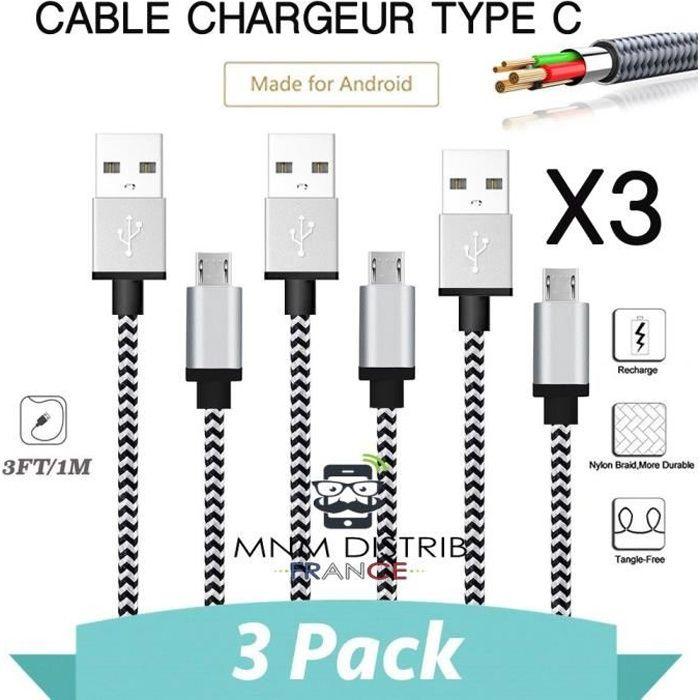 Câble chargeur USB Type C - MNM DISTRIB - Lot de 3 - Argent - Nylon - Connecteur aluminium