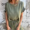 2 шт./комплект женский повседневный наряд О-образный вырез короткий рукав пуловер топы эластичный пояс регулируемые шнурки оборки прошитые манжеты брюки комплект однотонный наряд
