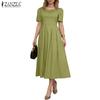 Women Summer Square Collar Casual Short Sleeve Long Dress
