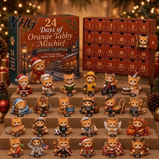 Farmhouse Style Holiday Accents Magic Animal Advent Calendar, 24-Day Highland Cow/Cat/Sheep/Red Bird Acrylic Ornament Set, Mini Cow Figurines 2D Flat