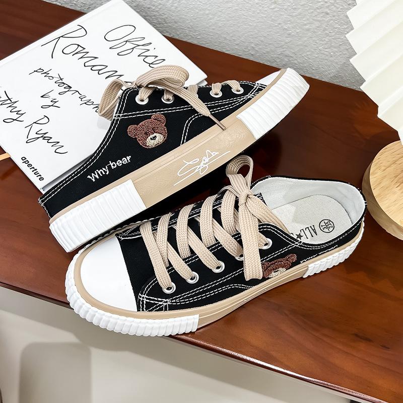 Летние новые холщовые туфли с принтом медведя, удобные и повседневные женские полутапочки, низкие модные универсальные туфли для сёрфинга