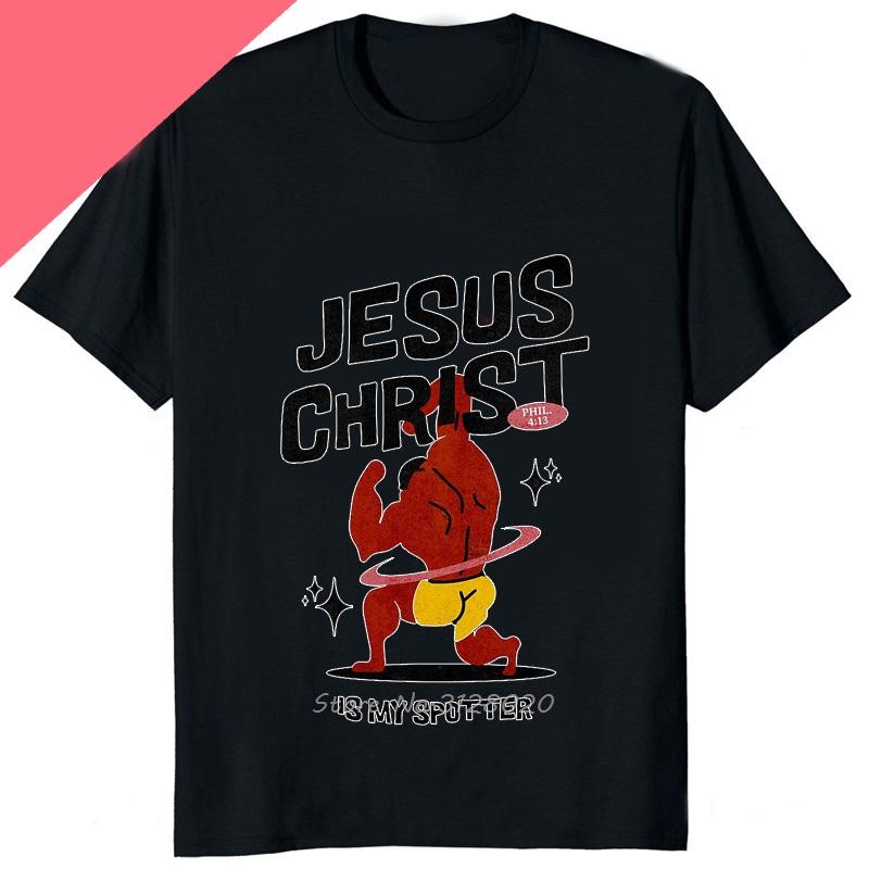 Funny Jesus Is My Spotter Printed Graphic Cotton Men Tshirt Humor Weight Lifting GYM TShirt Casual Fashion Streetwear Male Tees
