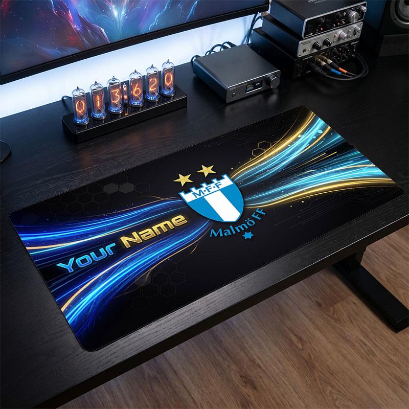 Malmö FF Custom Large Mouse Pad, Personalized Name Text Print, Football Logo Non‑Slip Desk Mat Gaming Gift