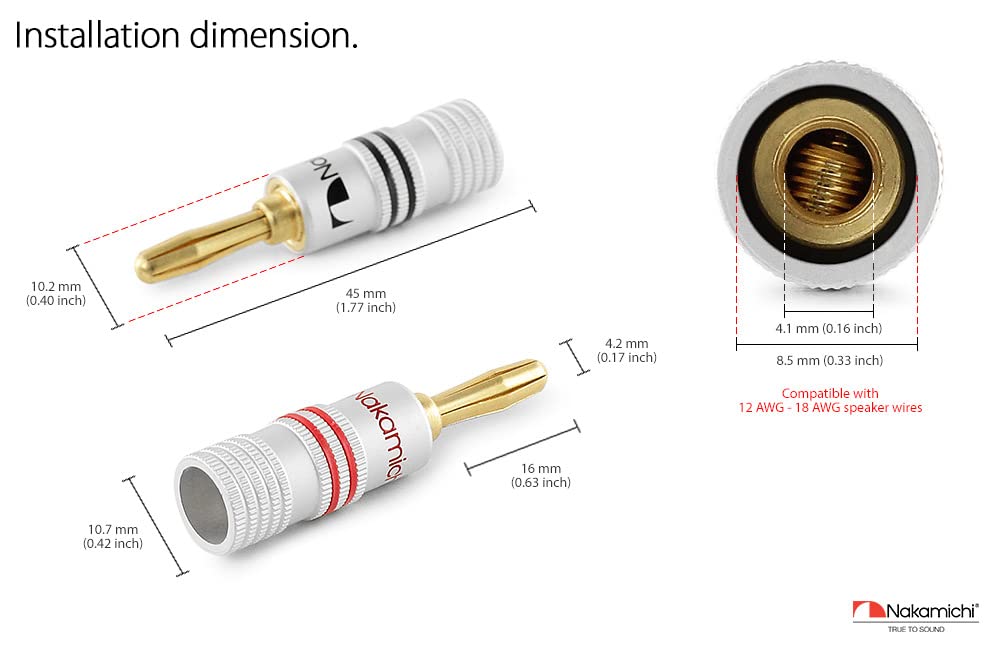 Nakamichi Банановые разъемы Позолоченные 24K Разъемы для акустического кабеля Алюминиевый металлический корпус Размер калибра 4 мм Штук Банан 12AWG-18AWG (10 (5 пар), Вилки)