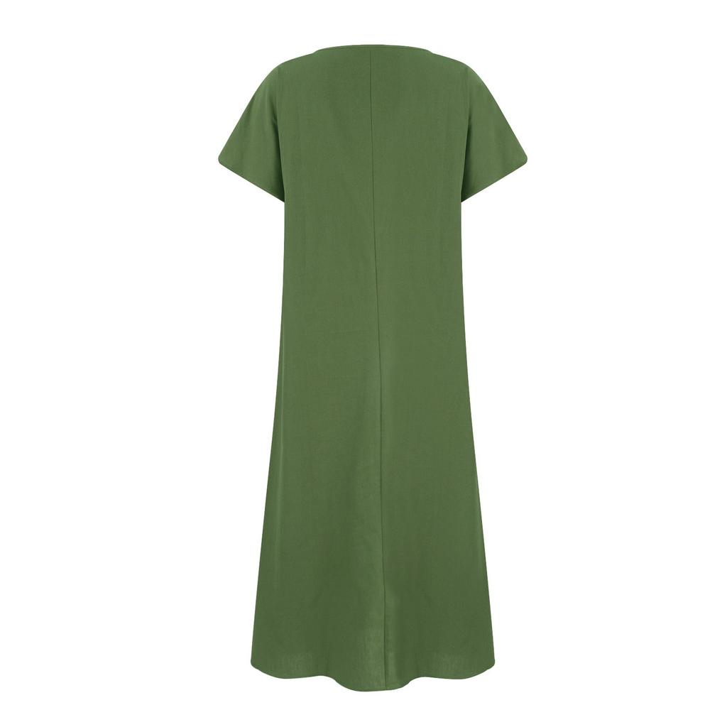 Women's Fashion Solid Color Round Neck Pocket Pleated Short Sleeve Cotton And Linen Dress