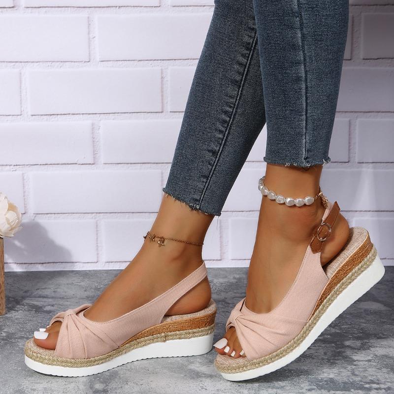 Wish Large Size Women's Wedge Heel Sandals Women's Summer New Casual Muffin Wear Bow Fish Mouth Sandals