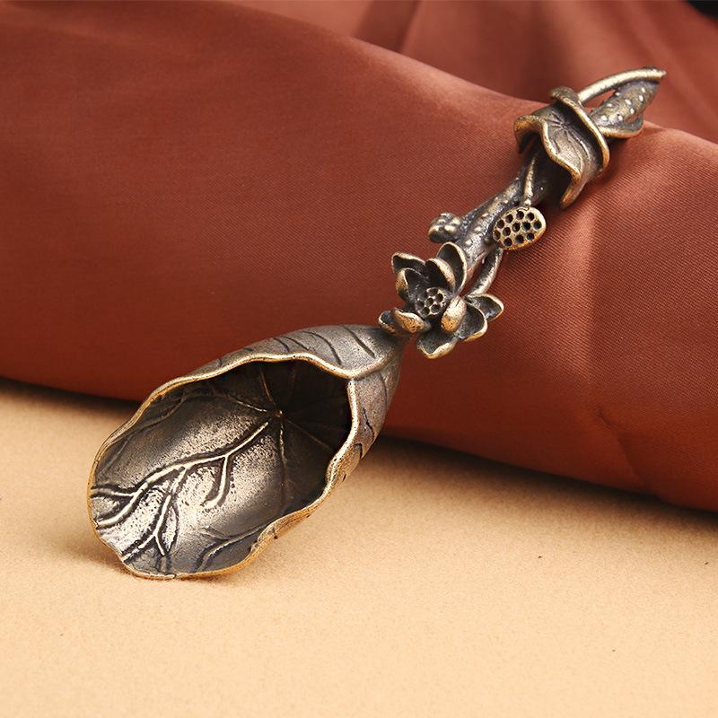 Латунь Потертый Семенной Коробочка Лотос Лист Чайная Лопатка Украшения Комбуча Ложка Антикварный Коллекционный Художественный Предмет Старая Бронза Фактор