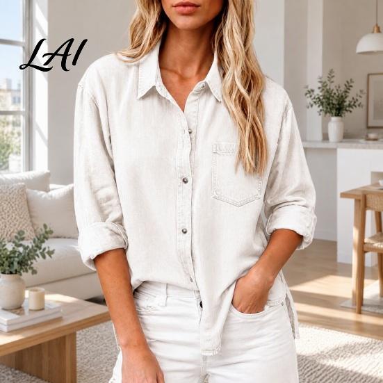 Long Sleeve Tops Women Denim Shirt Lapel Casual Coat Button Relaxed Fit Shirt Down Loose Tops Solid Color Autumn Coat Travel Clothing