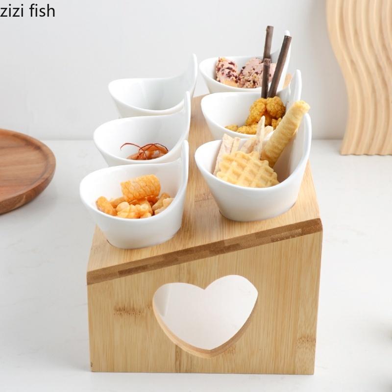 Керамическая миска для закусок с 6 отделениями, деревянная подставка, блюдо для закусок, дегустационная тарелка, фруктовница, десертные миски, блюдо для дим-самов, обеденные тарелки, посуда