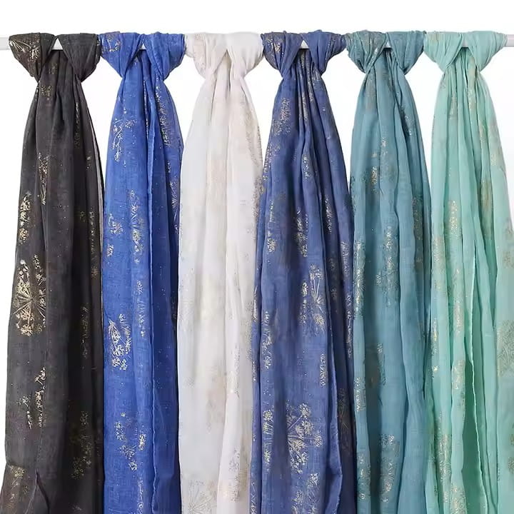 Shawl 180x70cm Golden Flower Headscarf Hijab Decorated with Cream-Colored Golden Flowers