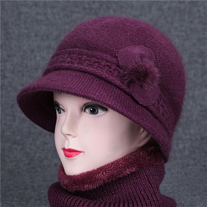 Женская шапка среднего и пожилого возраста, вязаная шерстяная шапка, шапки с цветами из кроличьей шерсти, осень и зима